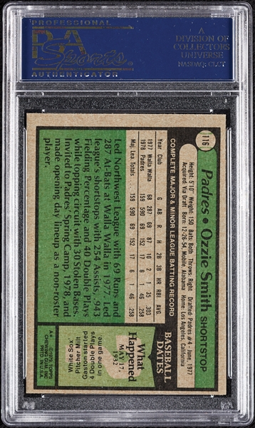 Ozzie Smith Signed 1979 Topps RC No. 116 (Graded PSA/DNA 9)