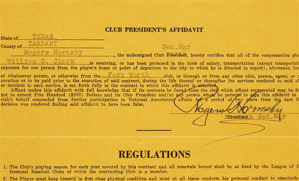 Rogers Hornsby Signed Texas League Player's Contract (JSA)