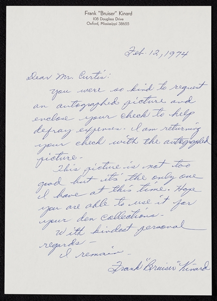 Frank Bruiser Kinard Signed Handwritten Letter (1974) (PSA/DNA)