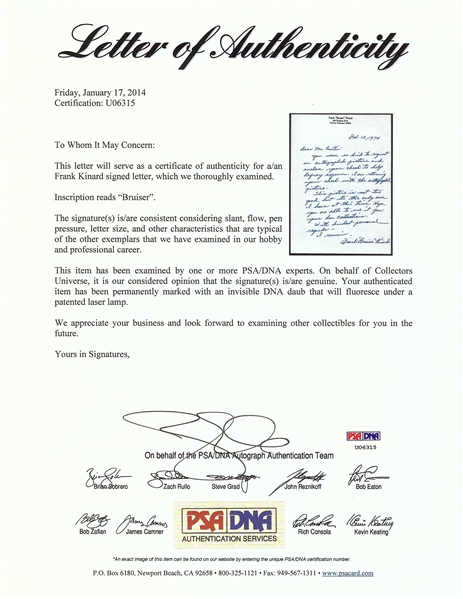 Frank Bruiser Kinard Signed Handwritten Letter (1974) (PSA/DNA)