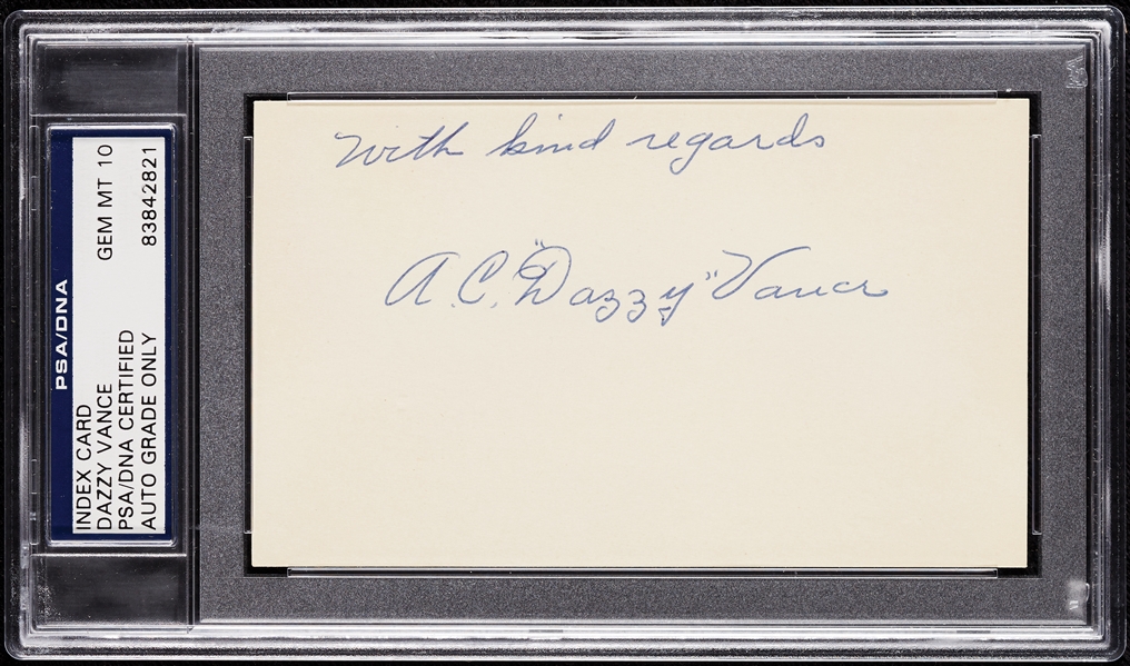 Dazzy Vance Signed 3x5 Index Card (Graded PSA/DNA 10)