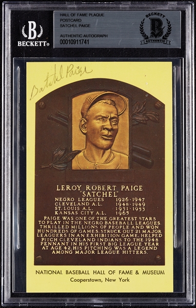 Satchel Paige Signed Yellow HOF Plaque Postcard (BAS)