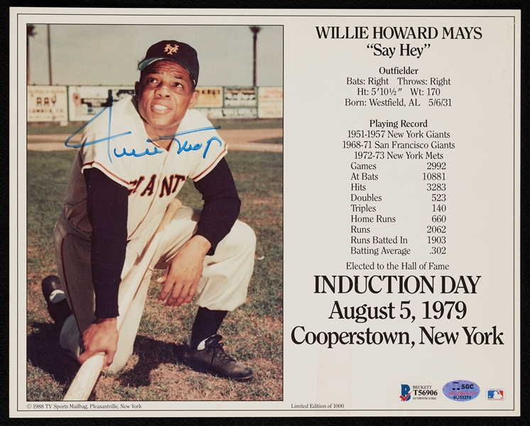 Willie Mays Signed HOF Induction Day 8x10 (SGC) (BAS)