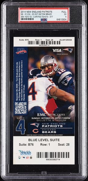 2014 Patriots vs. Bears Full Ticket - Tom Brady 354 Yards, 5 TDs, Career TDs 373-377 PSA 5