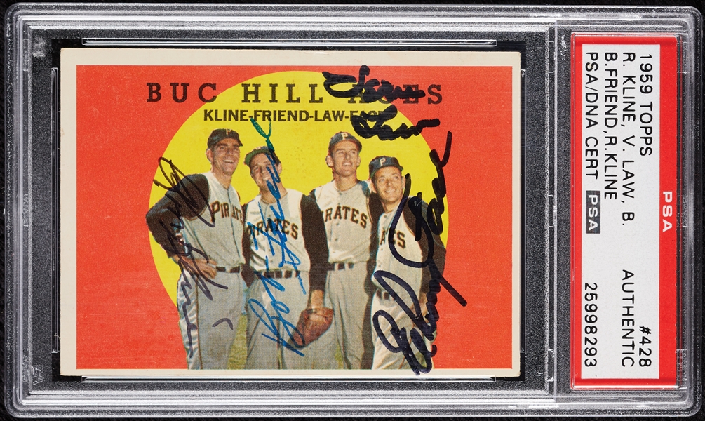 Complete Signed 1959 Topps Buc Hill Aces No. 428 with Kline, Friend, Law & Face (PSA/DNA)