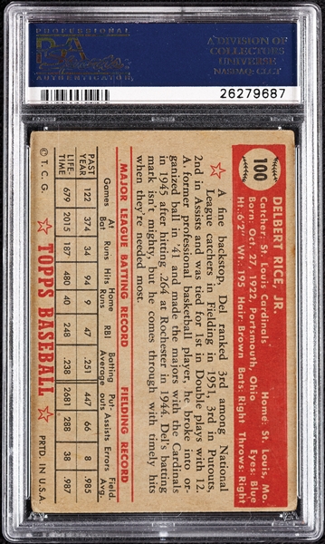 Del Rice Signed 1952 Topps No. 100 (PSA/DNA)