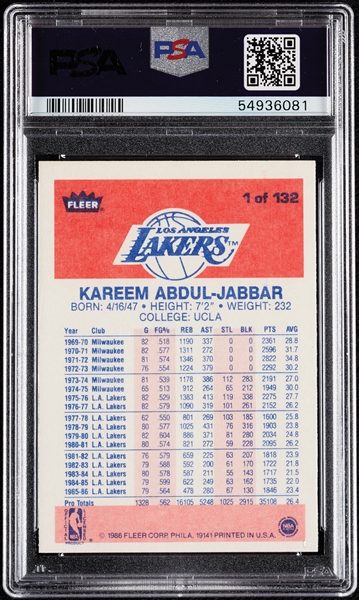 1986 Fleer Kareem Abdul-Jabbar No. 1 PSA 8.5