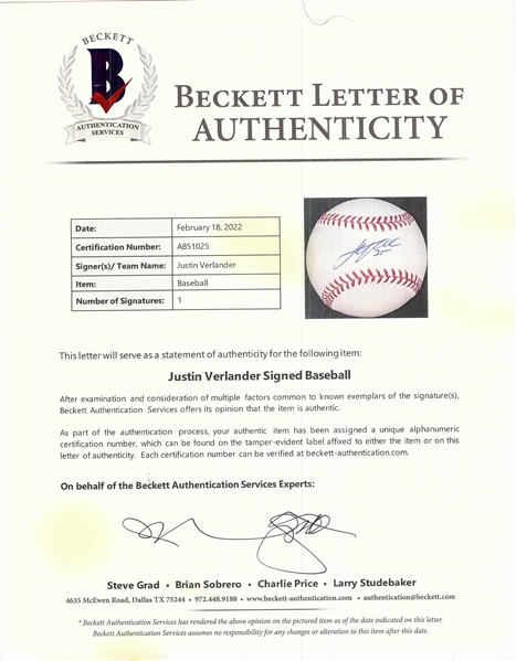 Justin Verlander Single-Signed OML Baseball (BAS)