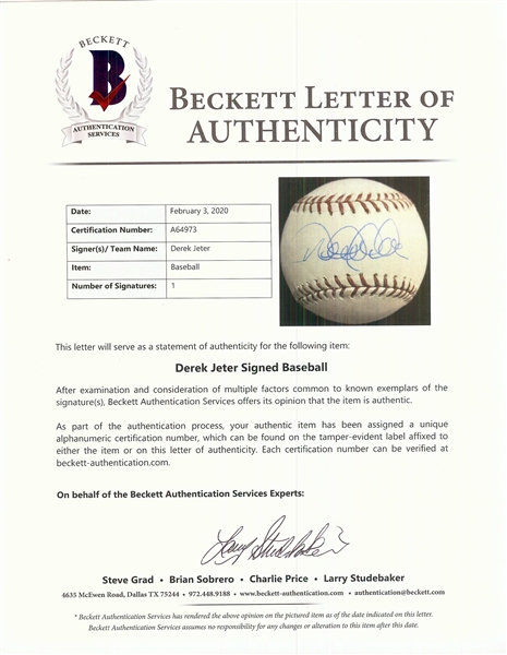 Derek Jeter Single-Signed OML Baseball (BAS)