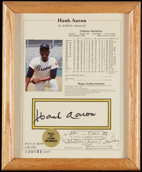 Hank Aaron Signed Statistics 8x10 Sheet (BAS)