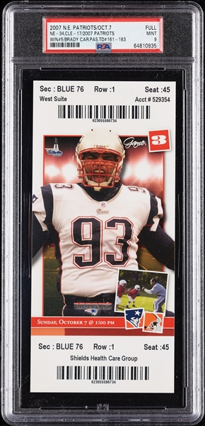 2007 Patriots vs. Browns Full Ticket - Tom Brady Career TDs 161-163, 2007 Patriots Perfect Season Win #5 PSA 9