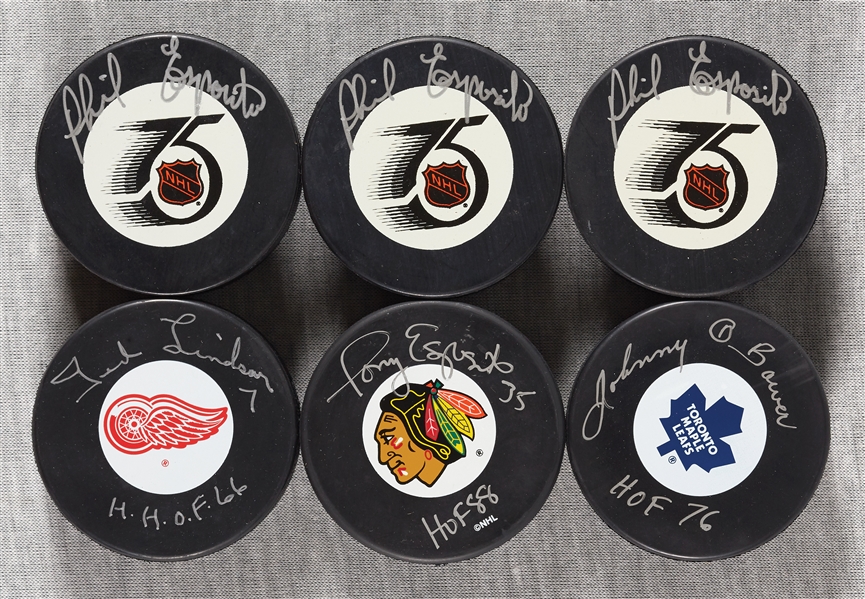 Hockey HOFer Signed Pucks Group with Tony Esposito, Phil Esposito, Bauer, Lindsay (6) (PSA/DNA)