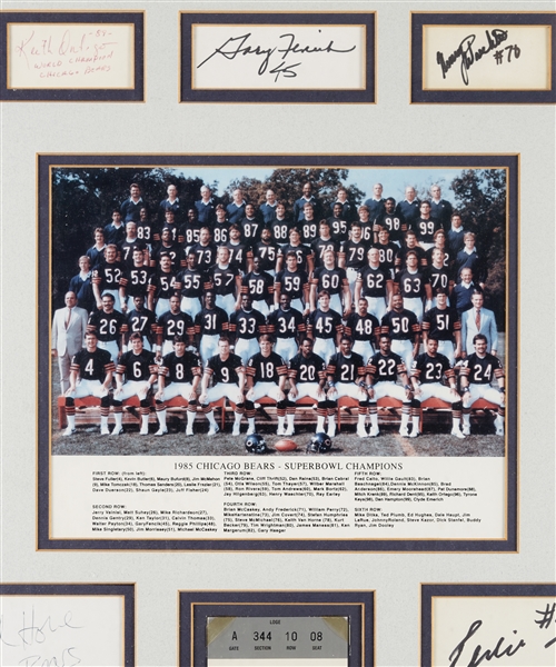 1985 Chicago Bears Super Bowl XX Champs Cut Signature Display with Ticket (BAS)