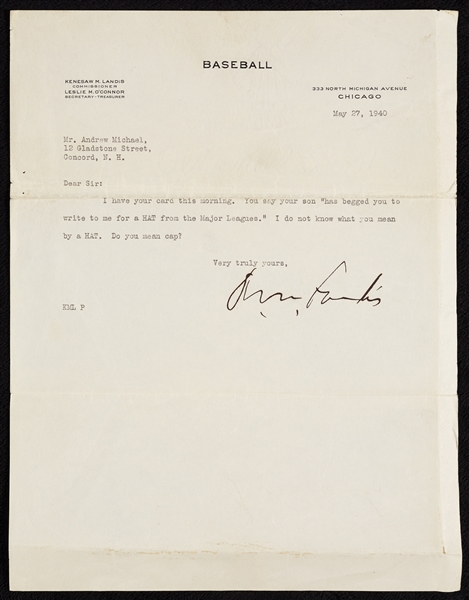 Kenesaw Landis Signed Typed Letter (1940) (BAS)