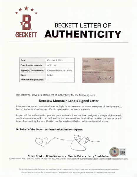 Kenesaw Landis Signed Typed Letter (1940) (BAS)