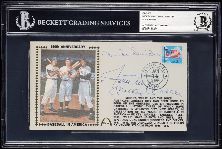 Mickey Mantle, Willie Mays & Duke Snider Signed FDC (BAS)