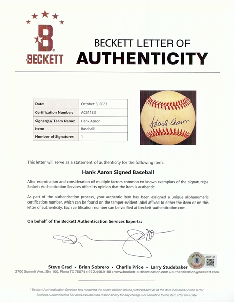 Hank Aaron Single-Signed ONL Baseball (BAS)