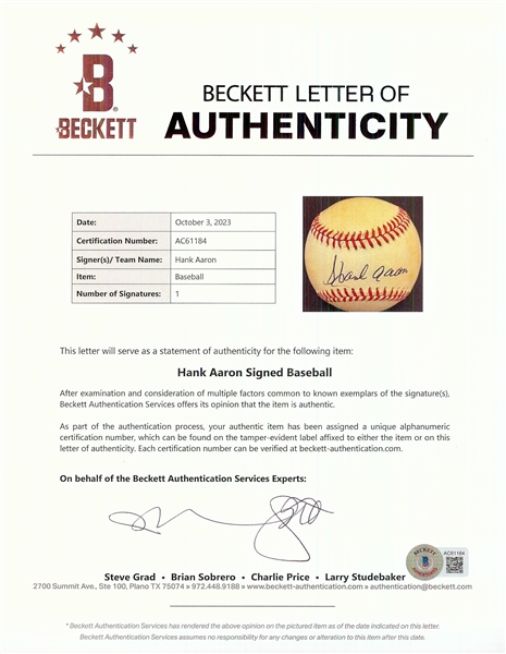 Hank Aaron Single-Signed ONL Baseball (BAS)