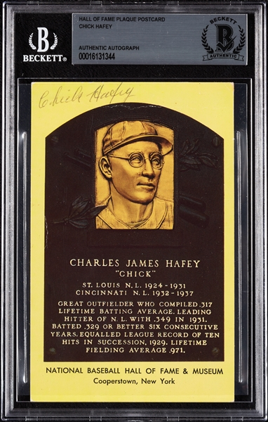 Chick Hafey Signed Yellow HOF Plaque Postcard (BAS)