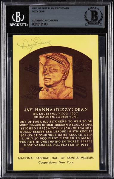 Dizzy Dean Signed Yellow HOF Plaque Postcard (BAS)