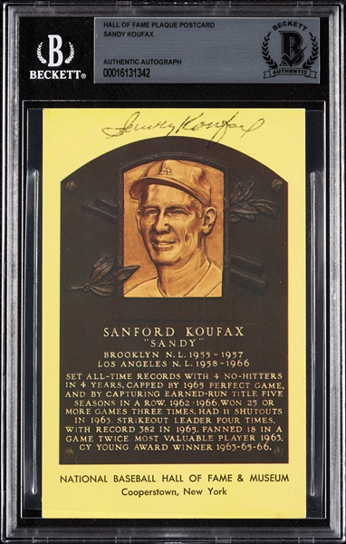 Sandy Koufax Signed Yellow HOF Plaque Postcard (BAS)