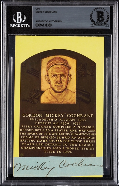 Mickey Cochrane Cut Signature on Yellow HOF Plaque Postcard (BAS)