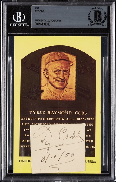 Ty Cobb Cut Signature on Yellow HOF Plaque Postcard (BAS)