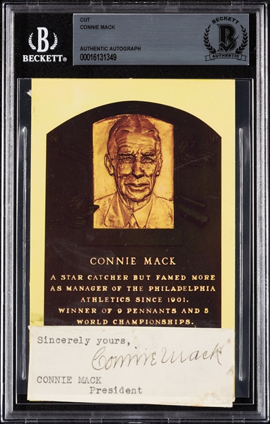 Connie Mack Cut Signature on Yellow HOF Plaque Postcard (BAS)