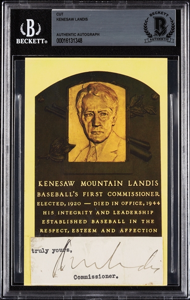 Kenesaw Landis Cut Signature on Yellow HOF Plaque Postcard (BAS)