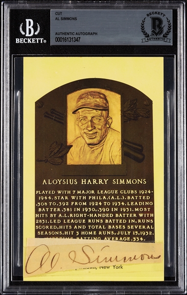 Al Simmons Cut Signature on Yellow HOF Plaque Postcard (BAS)