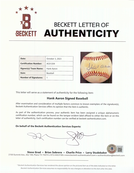 Hank Aaron Single-Signed ONL Baseball (BAS)