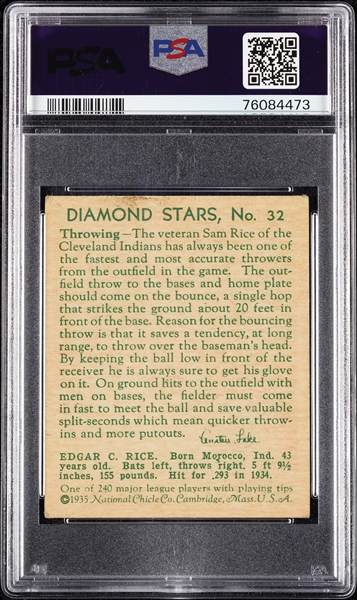 1935 Diamond Stars Sam Rice No. 32 PSA 3