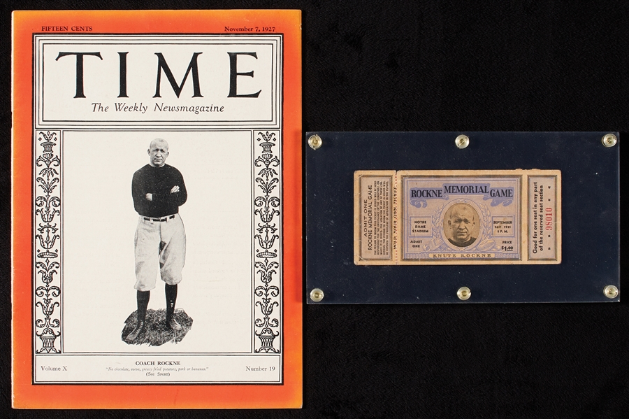 1927-31 Knute Rockne Memorial Game Full Ticket and Time Magazine (2)