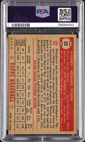 1952 Topps Warren Spahn No. 33 PSA 3