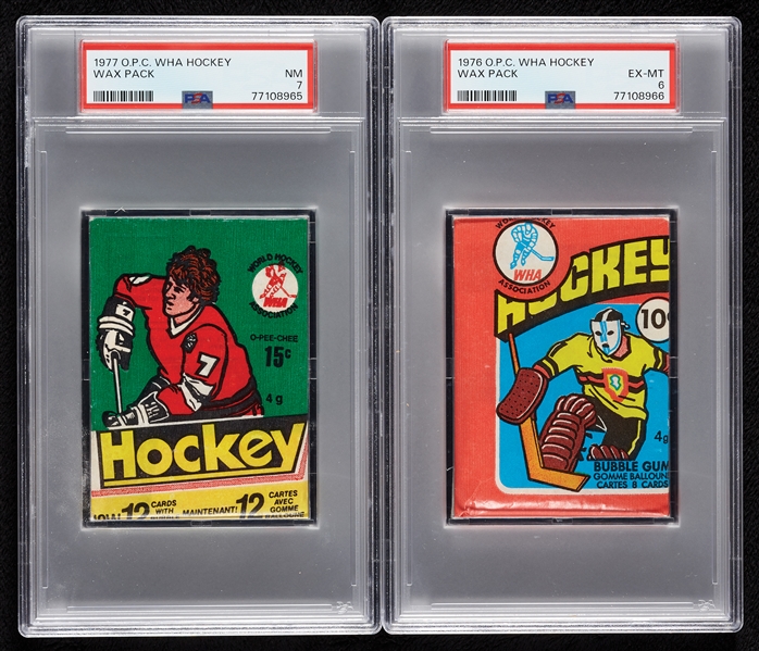 1976 & 1977 O-Pee-Chee WHA Hockey Wax Pack Pair (Graded PSA 6 & PSA 7)