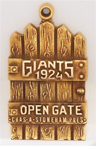 1924 New York Giants 14K Gold Season Pass Open Gate Pendant Given to NYC Mayor