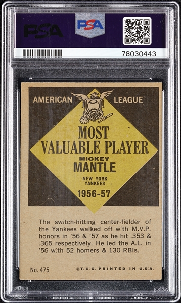 1961 Topps Mickey Mantle MVP No. 475 PSA 4