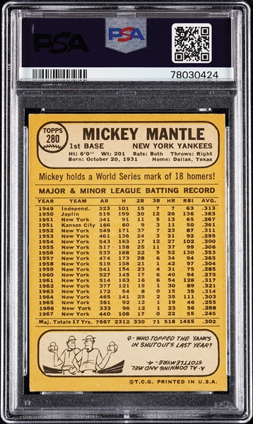 1968 Topps Mickey Mantle No. 280 PSA 4