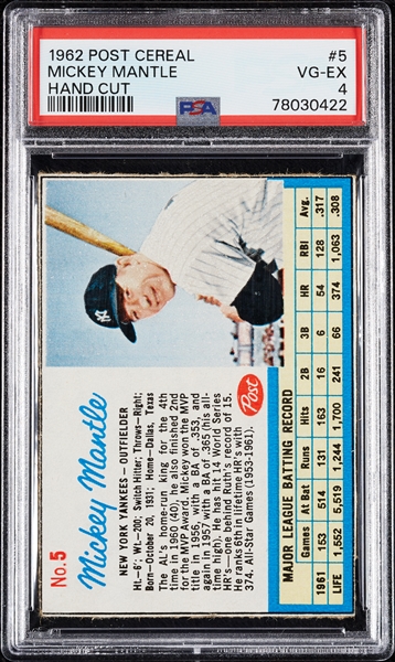 1962 Post Cereal Mickey Mantle Hand Cut/Blank Back No. 5 PSA 4