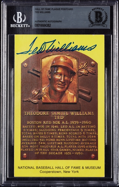 Ted Williams Signed Yellow HOF Plaque Postcard (BAS)