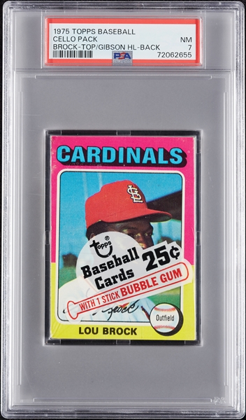 1975 Topps Baseball Cello Pack - Lou Brock Top; Bob Gibson HL Back (Graded PSA 7)