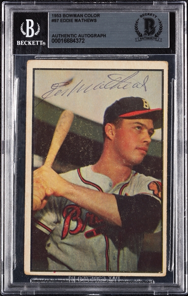 Eddie Mathews Signed 1953 Bowman Color No. 97 (BAS)