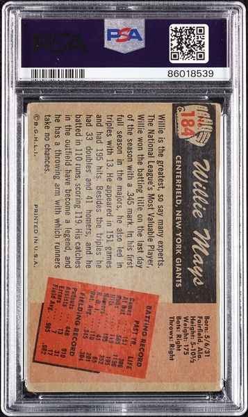 1955 Bowman Willie Mays No. 184 PSA 2