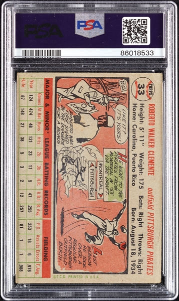 1956 Topps Roberto Clemente No. 33 PSA 3