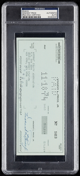 Vincent Price Signed Check (1974) (PSA/DNA)