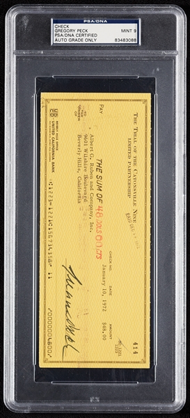 Gregory Peck Signed Check (1972) (Graded PSA/DNA 9)