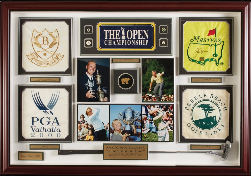 Jack Nicklaus Signed Masters Flag in Massive Memorabilia Display (Nicklaus Hologram) (BAS)