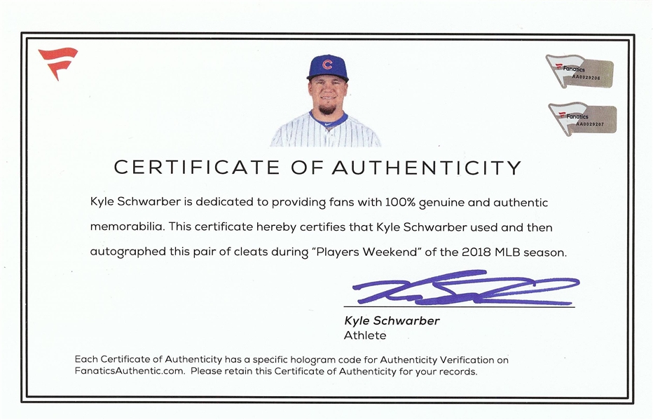 Kyle Schwarber 2018 Game-Used & Signed Cleats Inscribed 2018 Players Weekend Game Used (Fanatics)