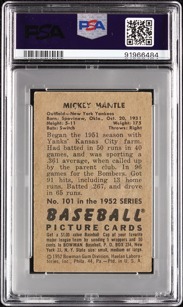 1952 Bowman Mickey Mantle No. 101 PSA 1