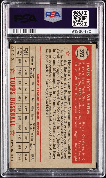 1952 Topps Hoyt Wilhelm RC No. 392 PSA 7